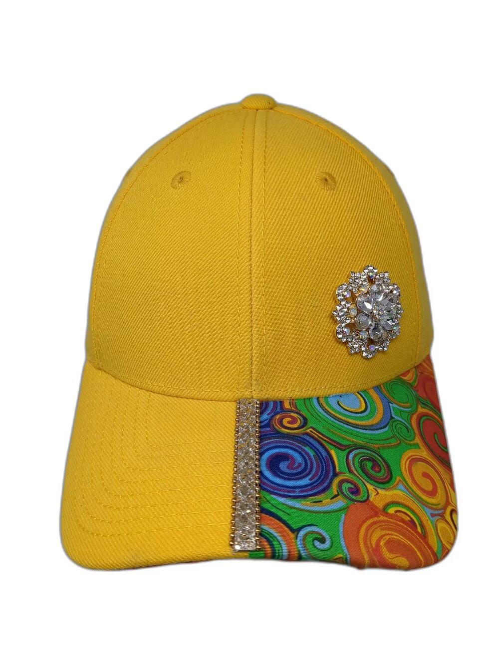 Decky Yellow Baseball Cap One Size Rhinestone Brooch Jeweled Birdie Up Golf Hat